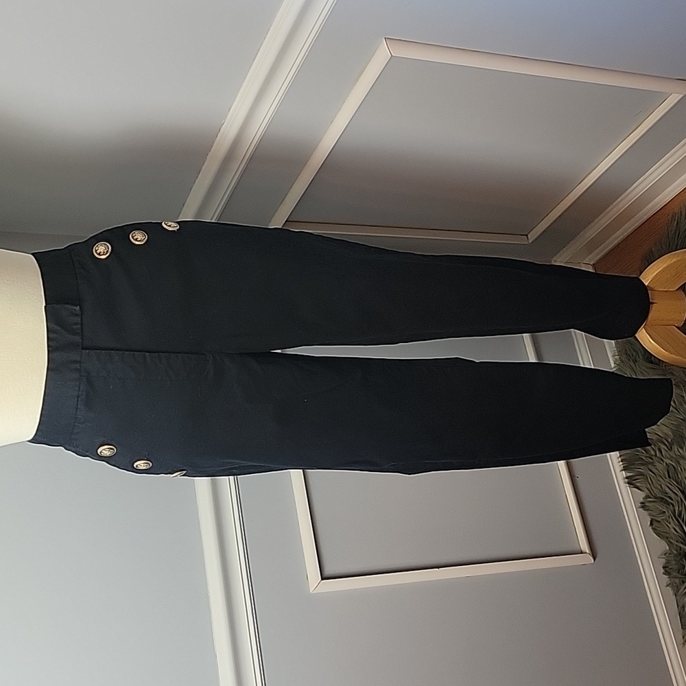 ZARA Sailor Button Pocket Black High Waist Straight Leg Chino Cropped Pants‎ S